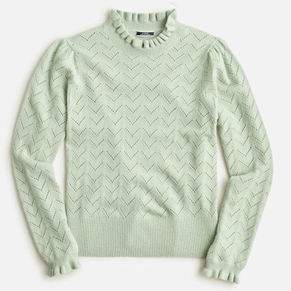 J. Crew Cashmere Pointelle Knit Sweater Ruffle Neck Green Sz Small